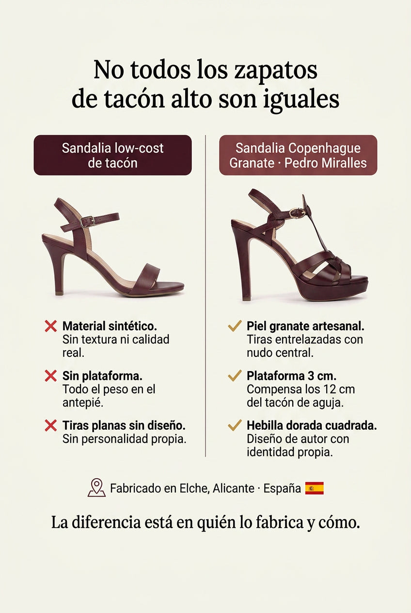 Sandalia Copenhague Granate. El tacón de 12 cm que se siente mucho más bajo gracias a la plataforma