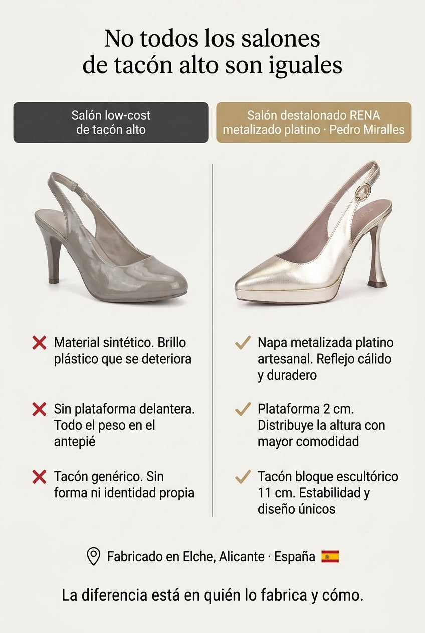 Salón destalonado RENA Metalizado platino. El salón platino de 11 cm que reparte la altura para que aguantes toda la boda