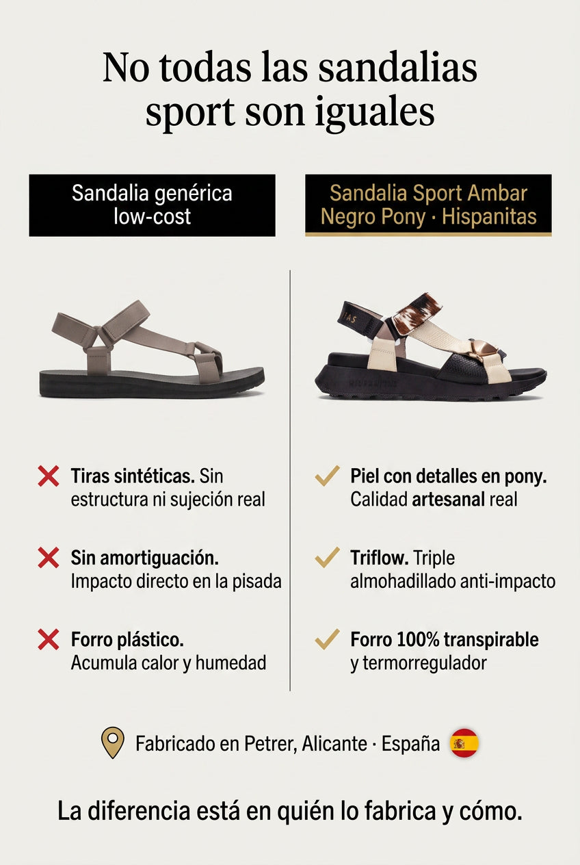 Sandalia Sport Ambar Negro Pony. La sandalia que absorbe cada paso para que tú no lo notes