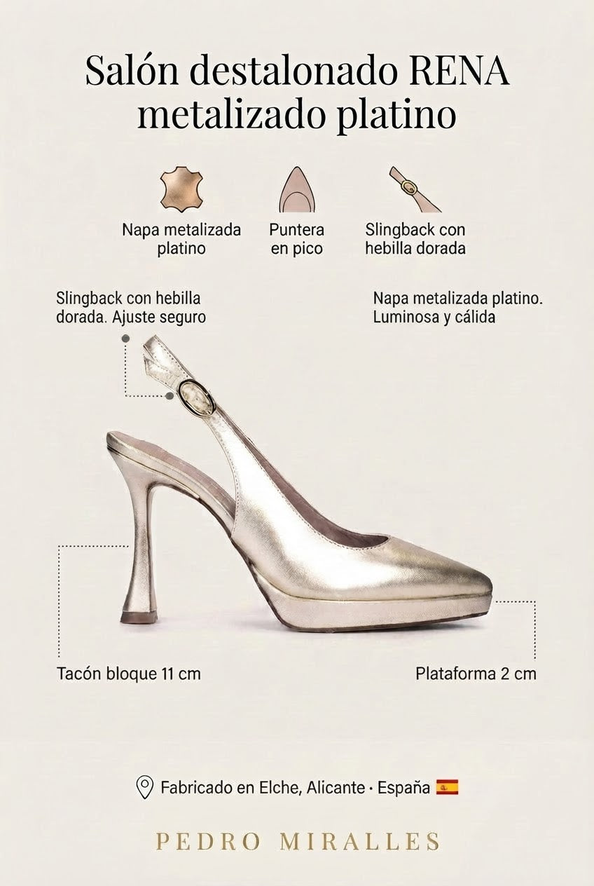 Salón destalonado RENA Metalizado platino. El salón platino de 11 cm que reparte la altura para que aguantes toda la boda
