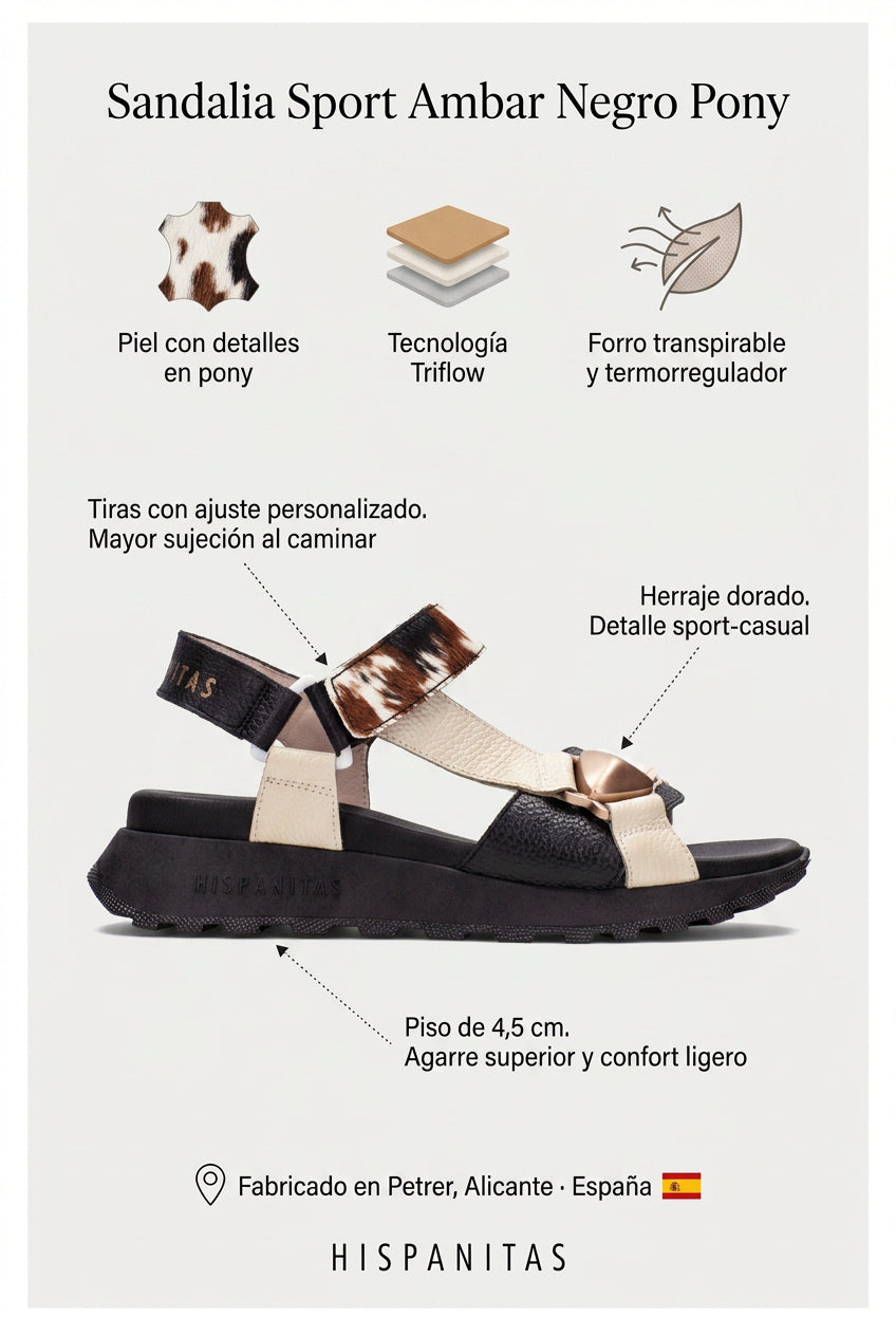 Sandalia Sport Ambar Negro Pony. La sandalia que absorbe cada paso para que tú no lo notes