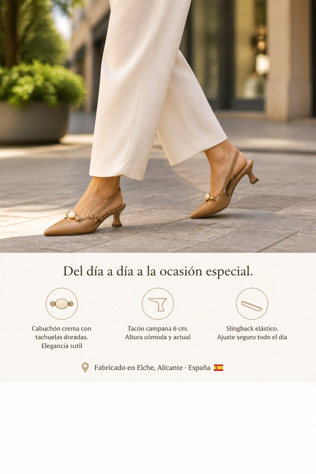 Zapato de tacón BROZAS camel. El salón neutro con un guiño de joya que nadie espera