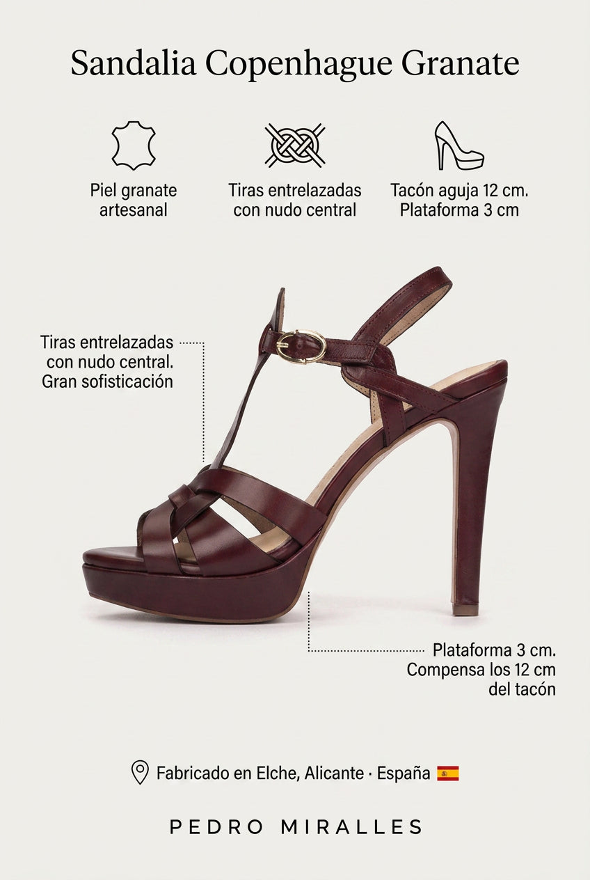 Sandalia Copenhague Granate. El tacón de 12 cm que se siente mucho más bajo gracias a la plataforma