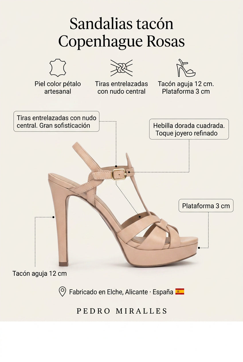 Sandalias tacón Copenhague Rosas.  La sandalia de nudo y hebilla dorada que no pasa desapercibida en ninguna boda