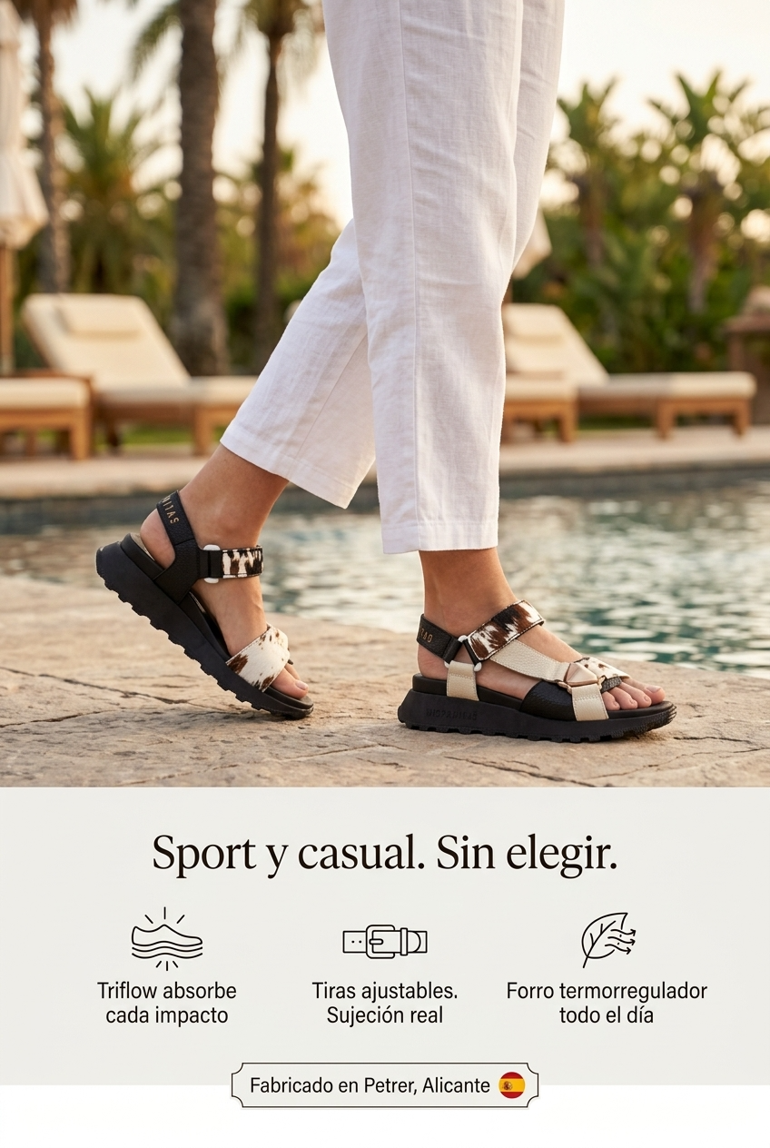 Sandalia Sport Ambar Negro Pony. La sandalia que absorbe cada paso para que tú no lo notes