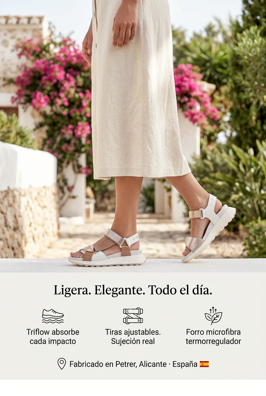 Sandalia Sport Ambar Blanco Almond Cava. La sandalia clara que aguanta el día sin pesarte.