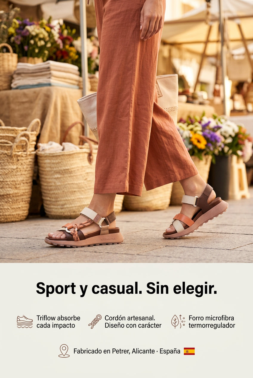 Sandalia Sport Ambar Crema Avellana Coral. La sandalia tricolor que hace que combinar sea el plan fácil