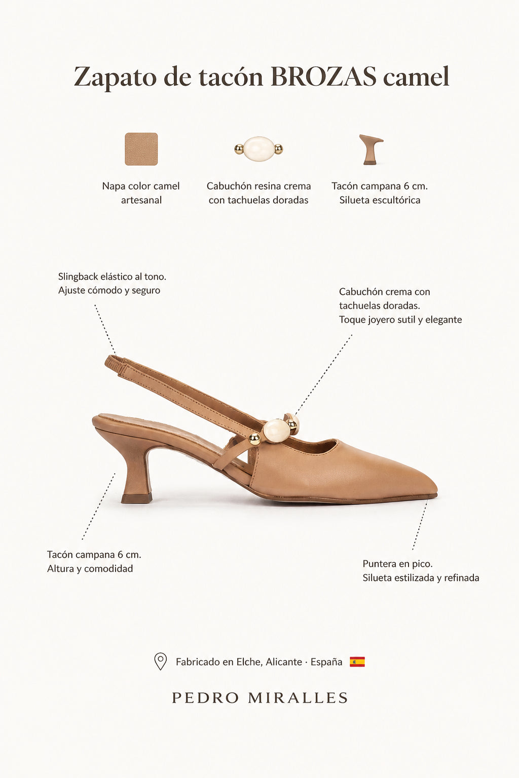 Zapato de tacón BROZAS camel. El salón neutro con un guiño de joya que nadie espera