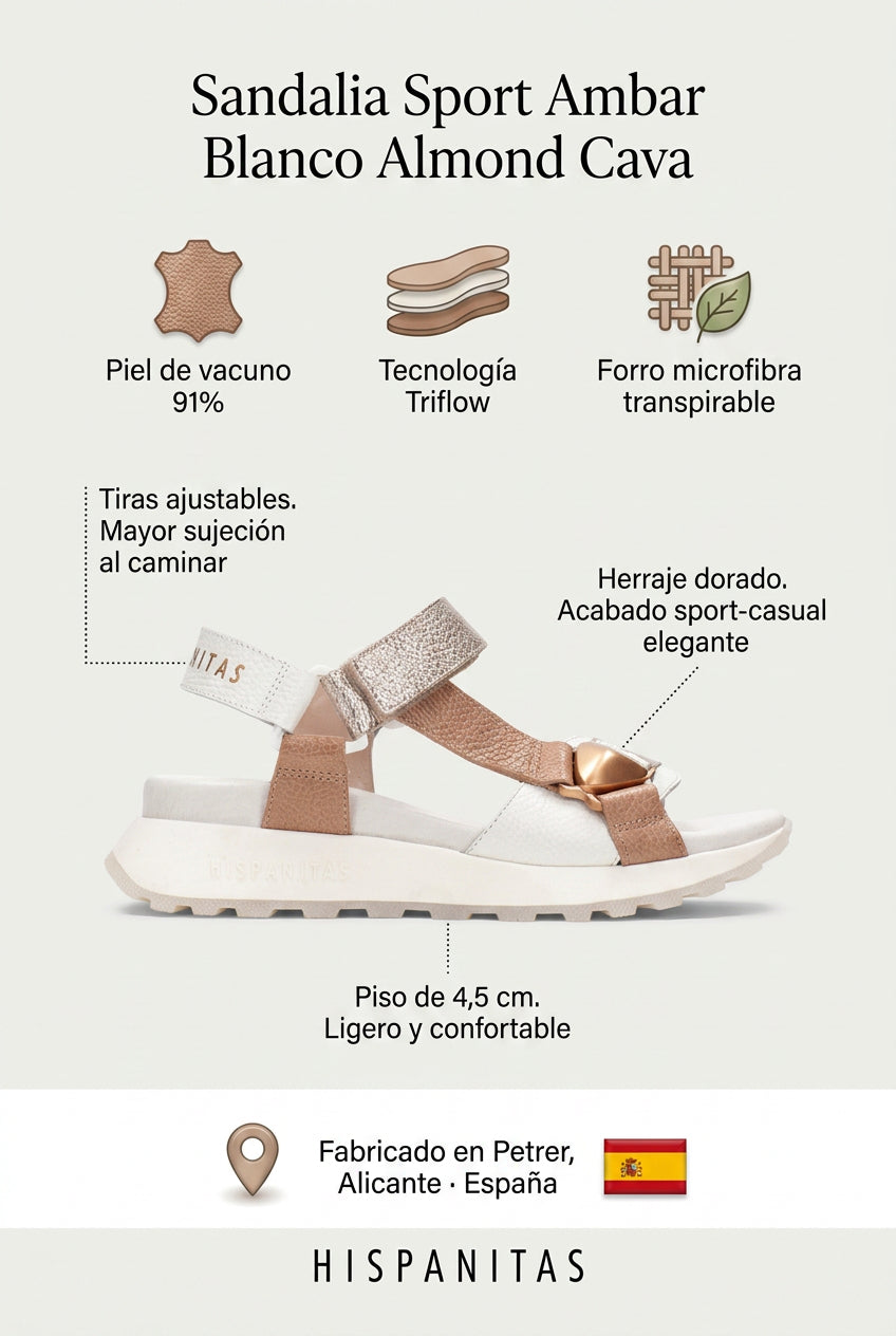 Sandalia Sport Ambar Blanco Almond Cava. La sandalia clara que aguanta el día sin pesarte.