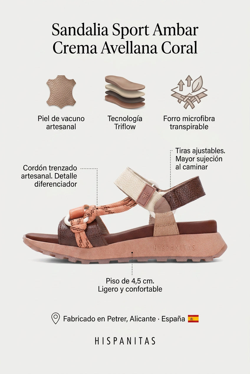 Sandalia Sport Ambar Crema Avellana Coral. La sandalia tricolor que hace que combinar sea el plan fácil