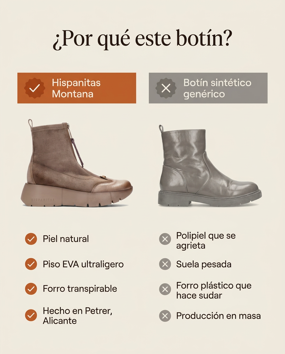 Comparativa: botín Hispanitas Montana en piel frente a un botín sintético genérico