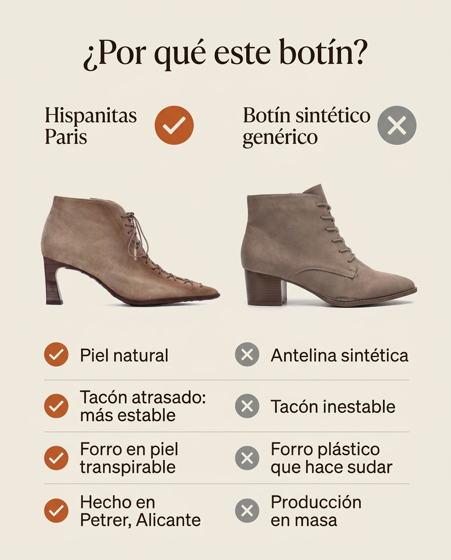 Comparativa: botín Hispanitas Paris en piel frente a un botín sintético genérico