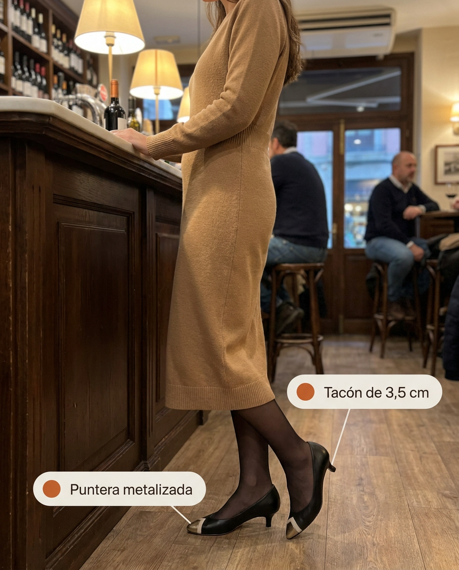 Salón Miuxa Piani Negro con puntera metalizada y tacón de 3,5 cm, en un bar de vinos