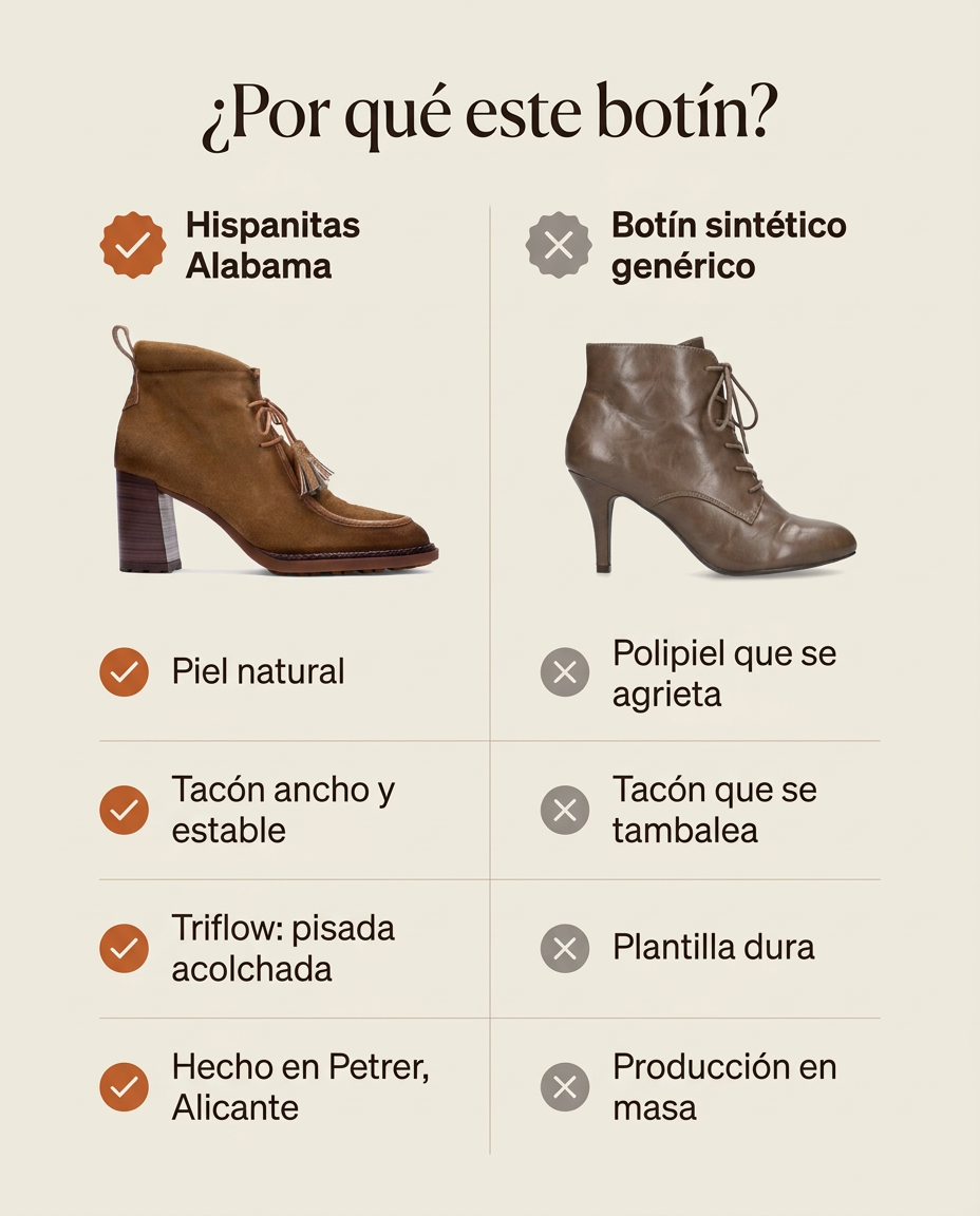 ¿Por qué este botín? Hispanitas Alabama en piel frente a un botín sintético genérico. Hecho en Petrer, Alicante