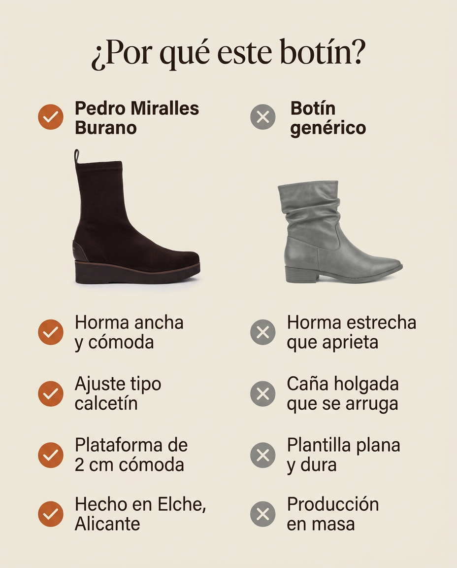 Comparativa: botín Pedro Miralles Burano Marrón oscuro de horma ancha hecho en Elche frente a un botín genérico