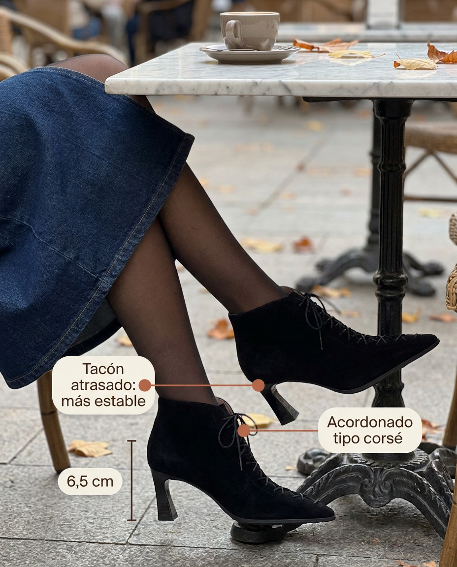 Botín Hispanitas Paris Black tipo corsé visto de perfil en una terraza, con tacón atrasado de 6,5 cm