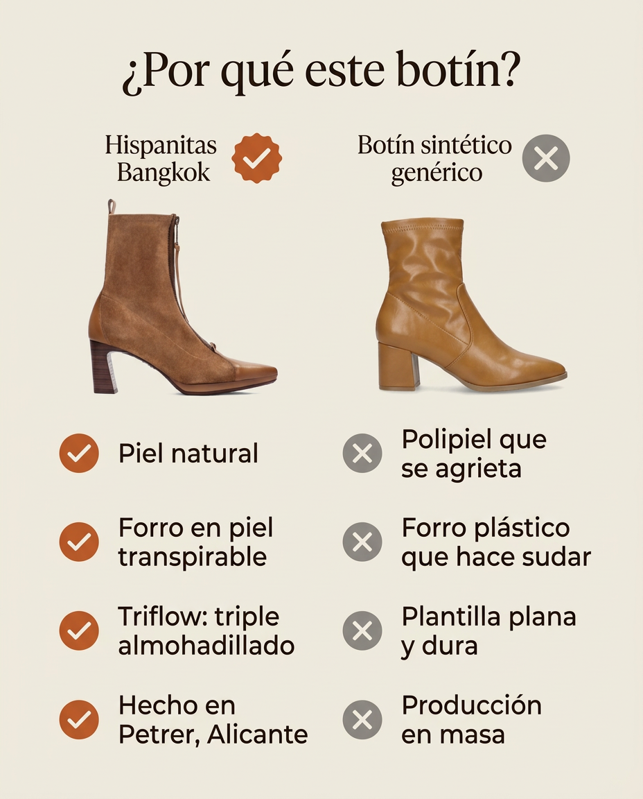 Comparativa: botín Hispanitas Bangkok Honey en piel frente a un botín sintético genérico