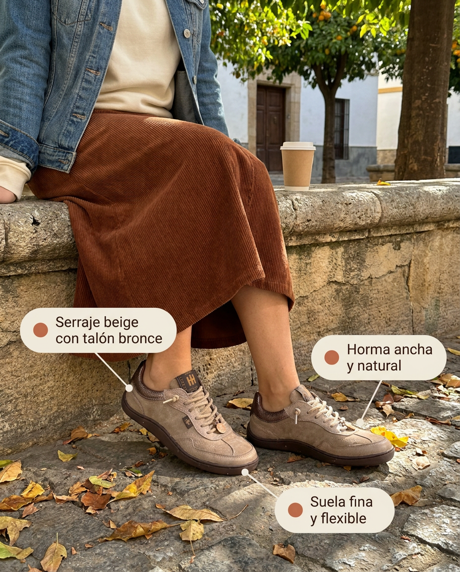 Deportiva barefoot Hispanitas Transitional Earth beige oscuro con talón bronce y suela fina, sentada en un murete con un café
