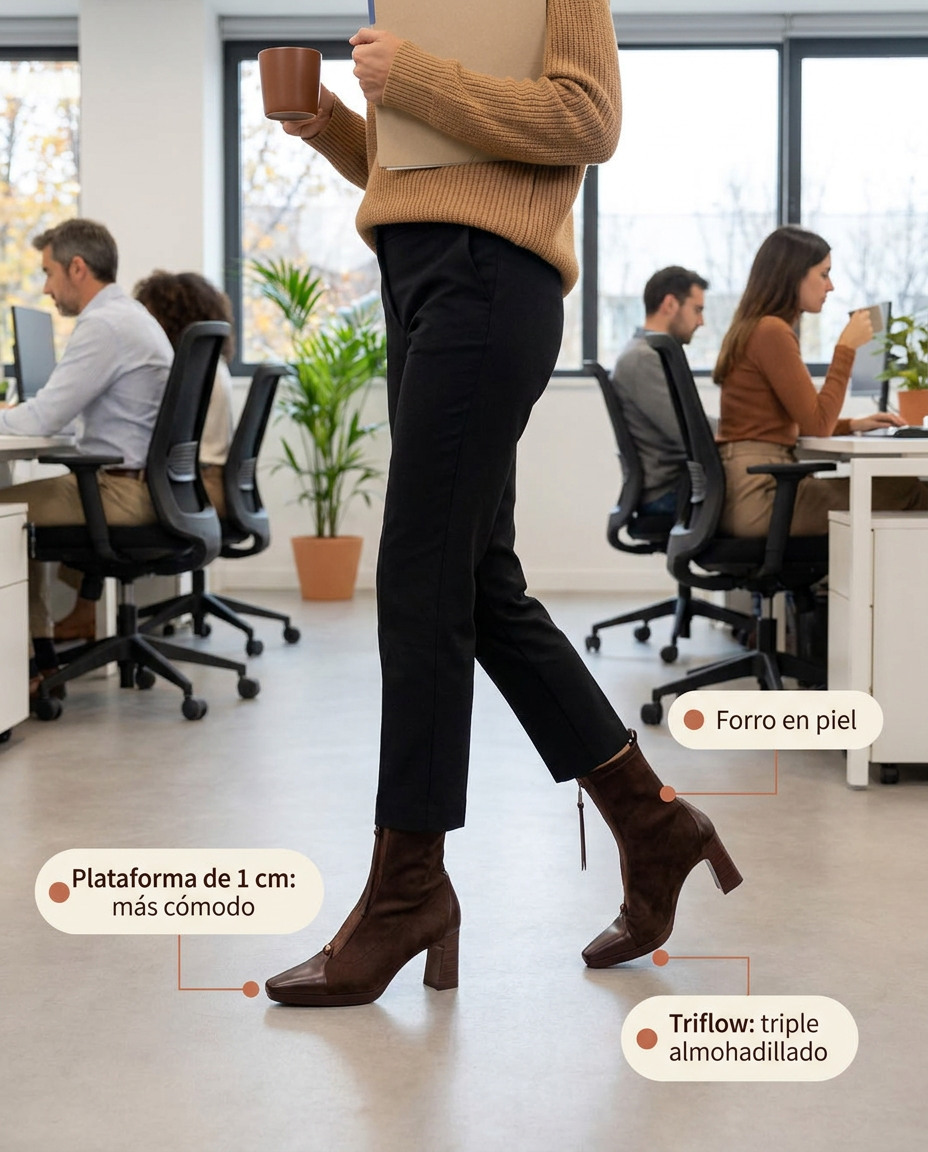 Botín Hispanitas Bangkok Chocolate de punta fina puesto, con pantalón negro y jersey camel en la oficina