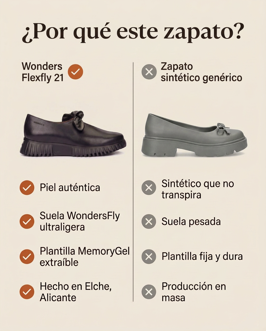 ¿Por qué este zapato? Comparativa del Wonders Flexfly 21 Negro frente a un zapato sintético genérico