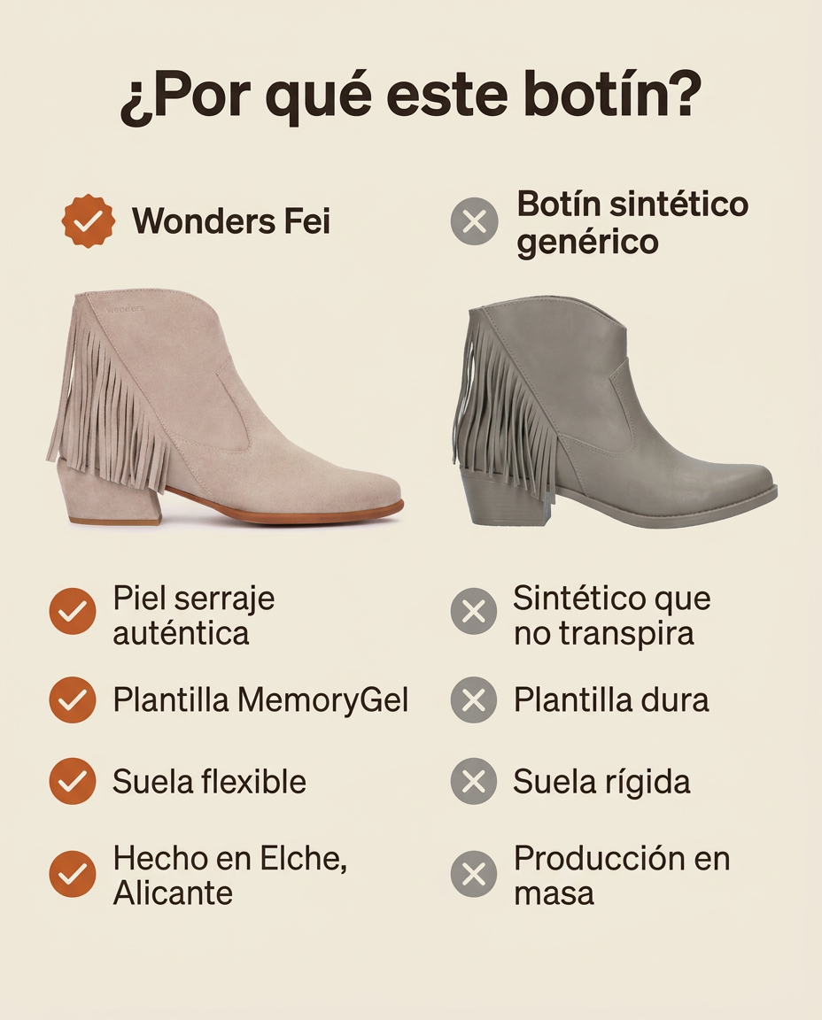 ¿Por qué este botín? Comparativa del Wonders Fei beige frente a un botín sintético genérico