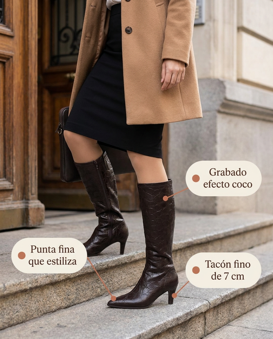 Bota alta Lodi Osiris marrón con grabado efecto coco y tacón fino de 7 cm, entrando a la oficina