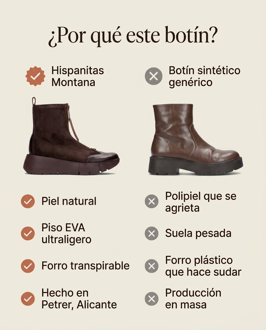 Comparativa: botín Hispanitas Montana en piel frente a un botín sintético genérico