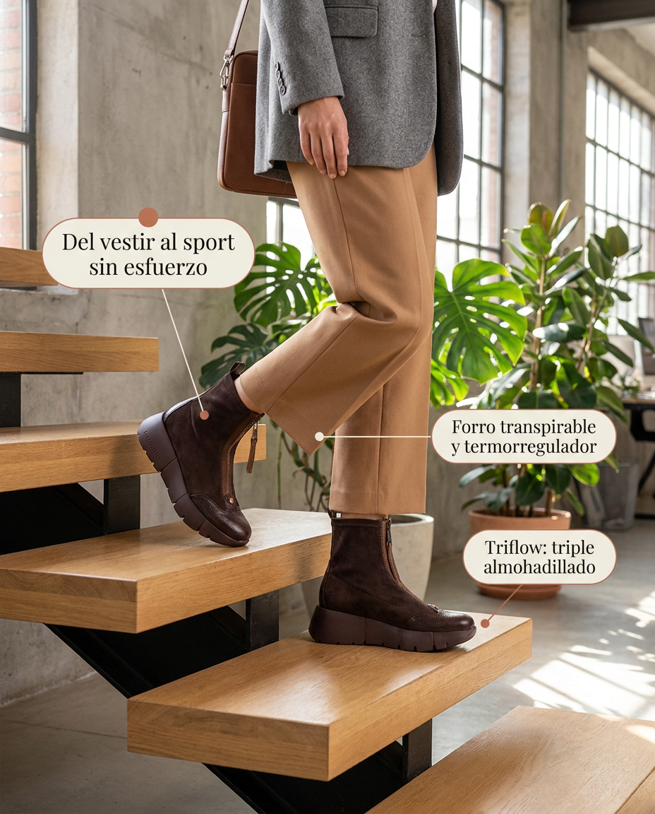 Botín Hispanitas Montana Chocolate puesto, con pantalón camel de vestir y blazer en una oficina moderna