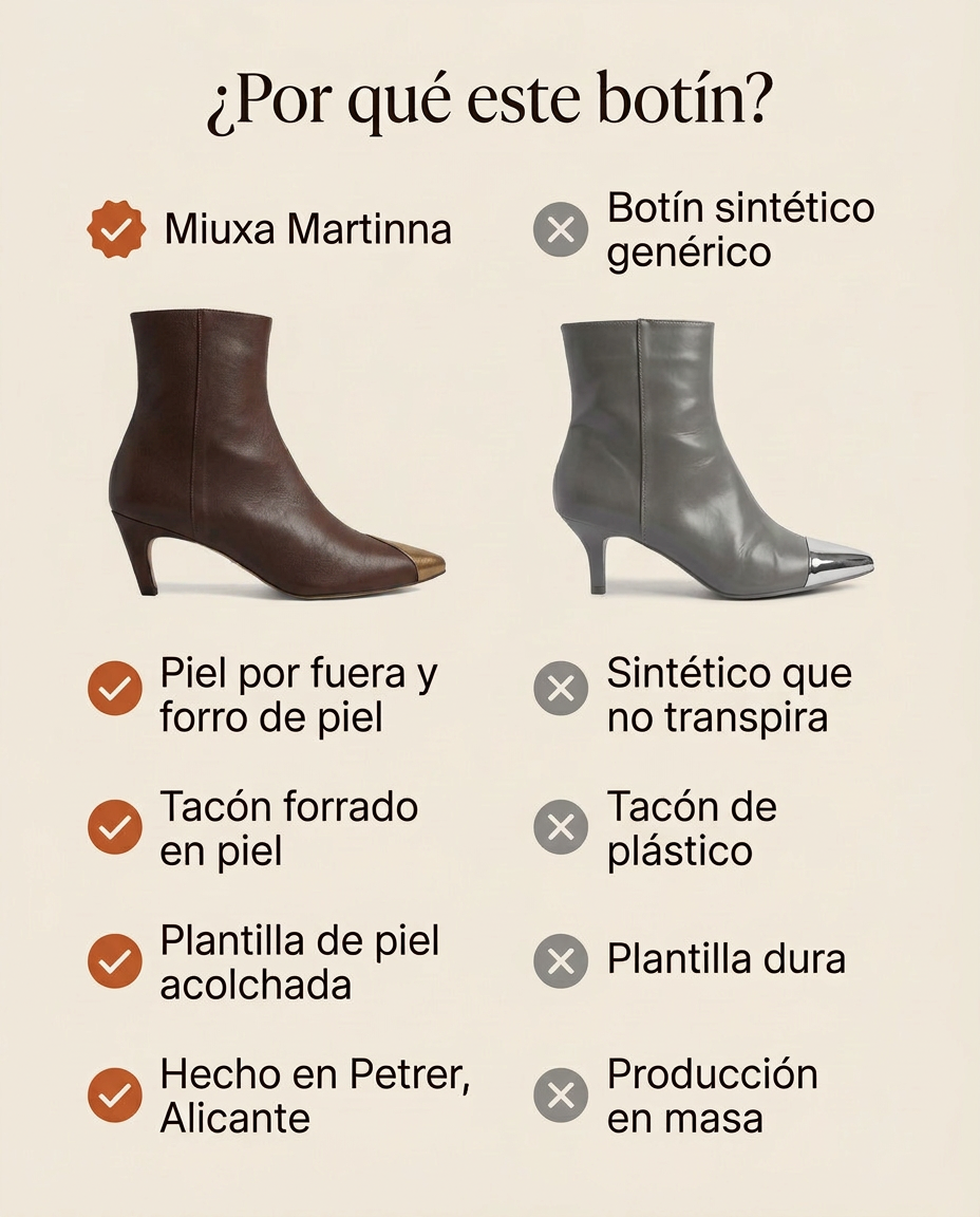¿Por qué este botín? Comparativa del Miuxa Martinna marrón frente a un botín sintético genérico