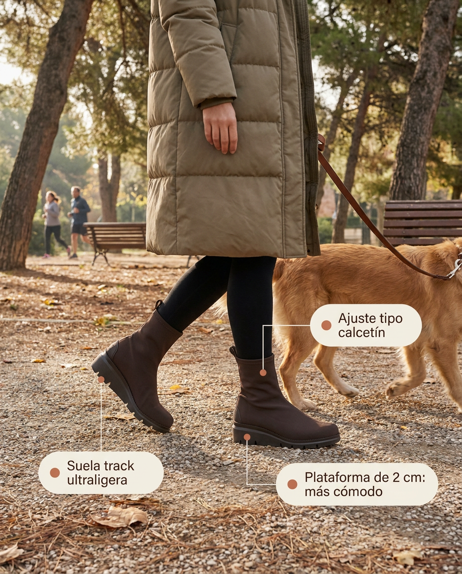 Botín Pedro Miralles Orvieto Marrón puesto, paseando al perro por el parque una mañana de otoño