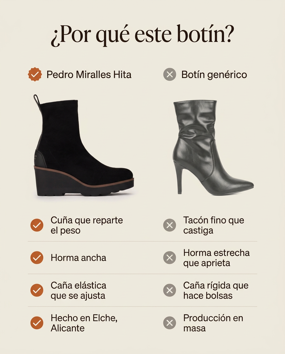 ¿Por qué este botín? Pedro Miralles Hita Negro de horma ancha frente a un botín genérico. Hecho en Elche, Alicante