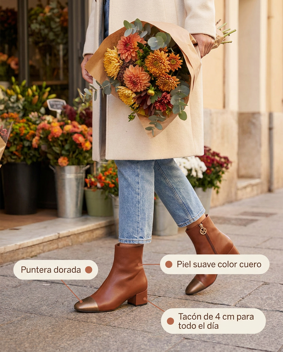 Botín Miuxa Yamina marrón con puntera dorada y tacón de 4 cm, saliendo de la floristería un sábado por la mañana