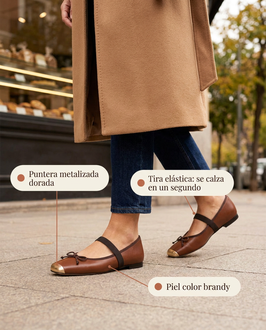 Bailarina Miuxa Baile Brandy con puntera metalizada dorada y tira elástica, paseando por la ciudad