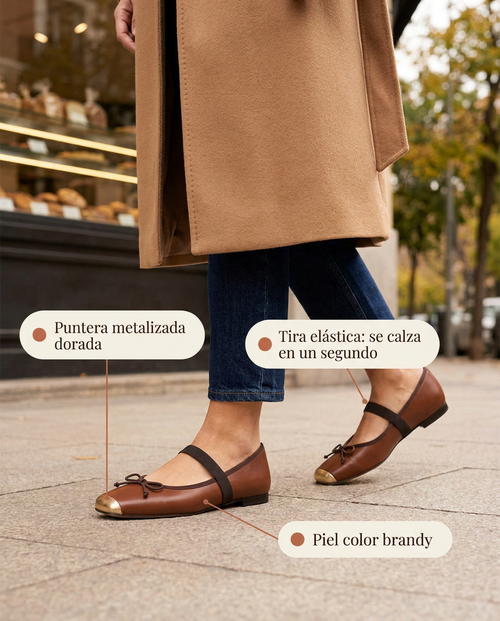 Bailarina Miuxa Baile Brandy con puntera metalizada dorada y tira elástica, paseando por la ciudad