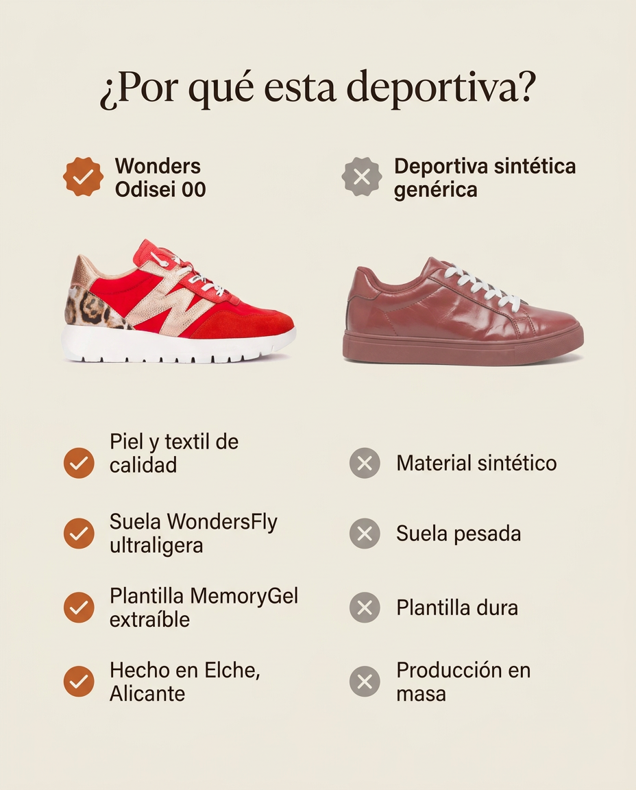 ¿Por qué esta deportiva? Comparativa de la Wonders Odisei 00 Roja frente a una deportiva sintética genérica. Hecho en Elche, Alicante