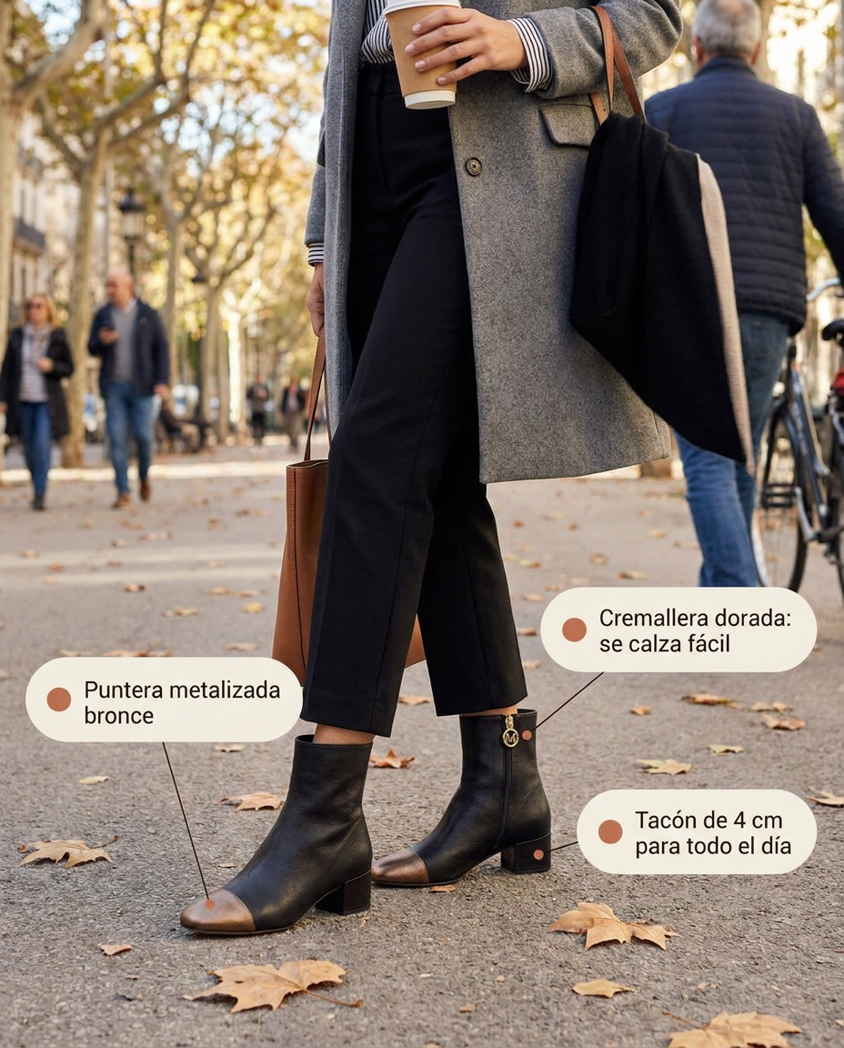 Botín Miuxa Yamina negro con puntera bronce y tacón de 4 cm, camino al trabajo por la mañana