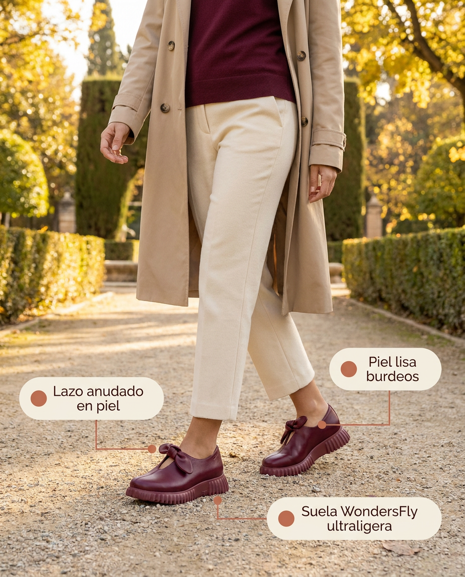Zapato Wonders Flexfly 21 Burdeos de piel lisa con lazo y suela ultraligera, paseando por unos jardines en otoño
