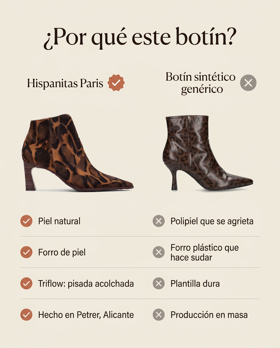 ¿Por qué este botín? Hispanitas Paris en piel frente a un botín sintético genérico. Hecho en Petrer, Alicante