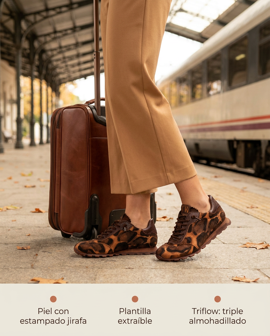 Deportiva Hispanitas Zinnia Jirafa de piel con estampado jirafa y cordones de chenilla, en el andén de una estación con maleta de cabina