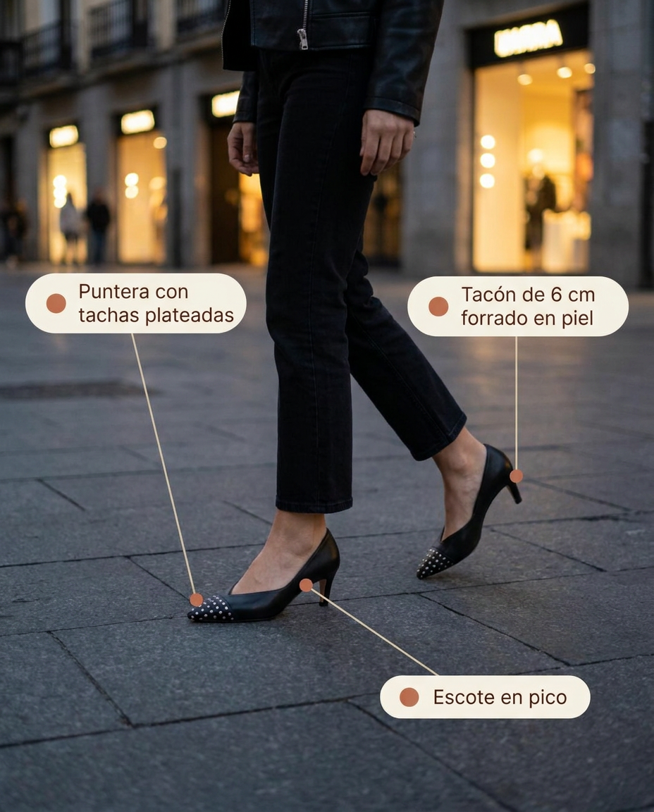 Salón Miuxa Frida Negro con puntera de tachas plateadas y tacón de 6 cm, camino a cenar