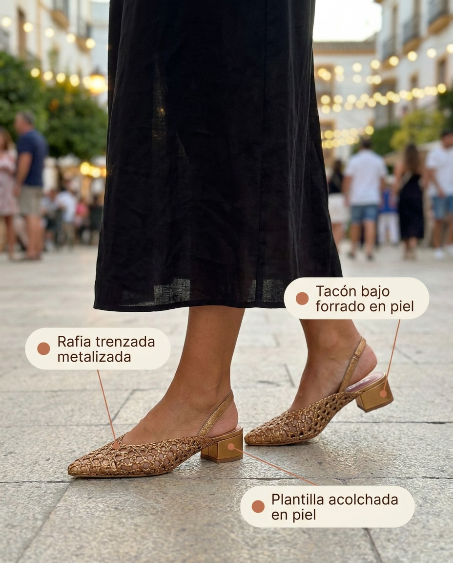 Salón destalonado Miuxa Pous Bronce de rafia trenzada metalizada, en una fiesta de verano