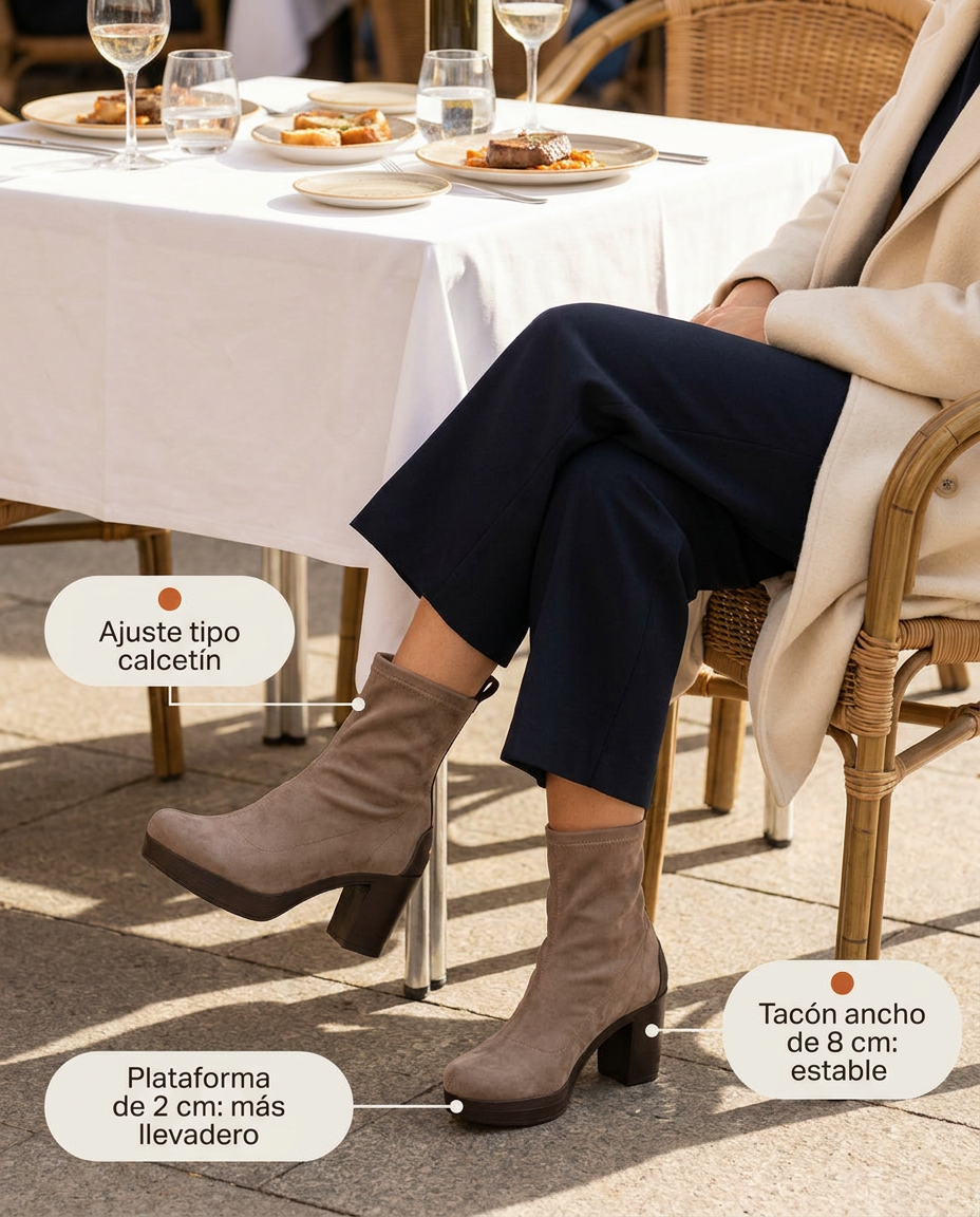 Botín Pedro Miralles Osuna taupe de efecto ante con tacón ancho y plataforma, en una comida en terraza