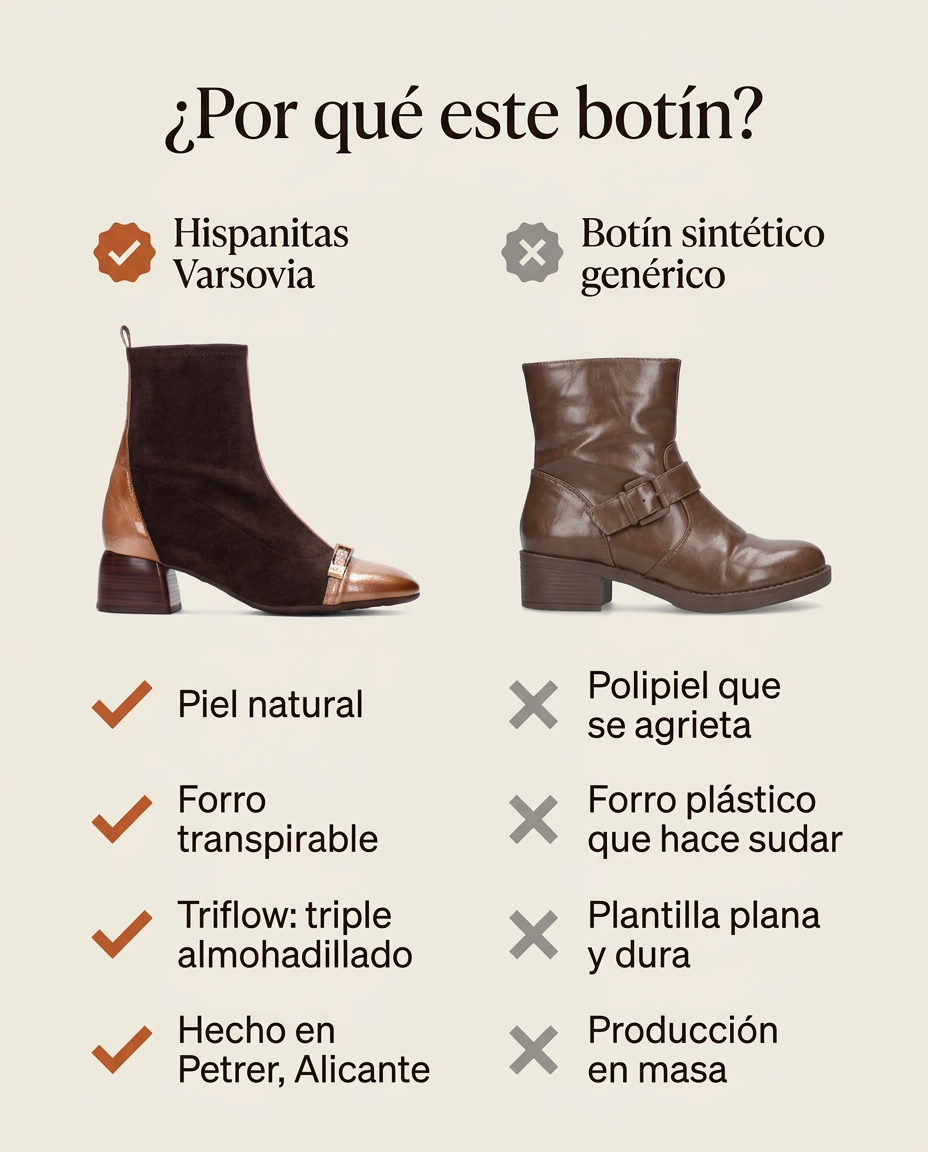 Comparativa: botín Hispanitas Varsovia en piel frente a un botín sintético genérico