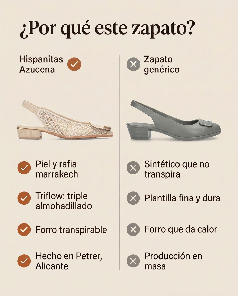 ¿Por qué este salón Azucena Crema? Comparativa con un zapato genérico. Hecho en Petrer, Alicante