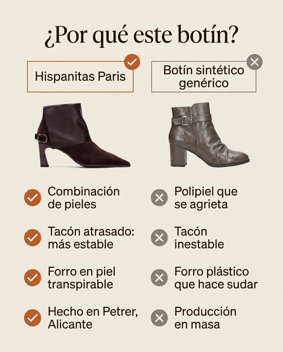 Comparativa: botín Hispanitas Paris Chocolate en piel frente a un botín sintético genérico