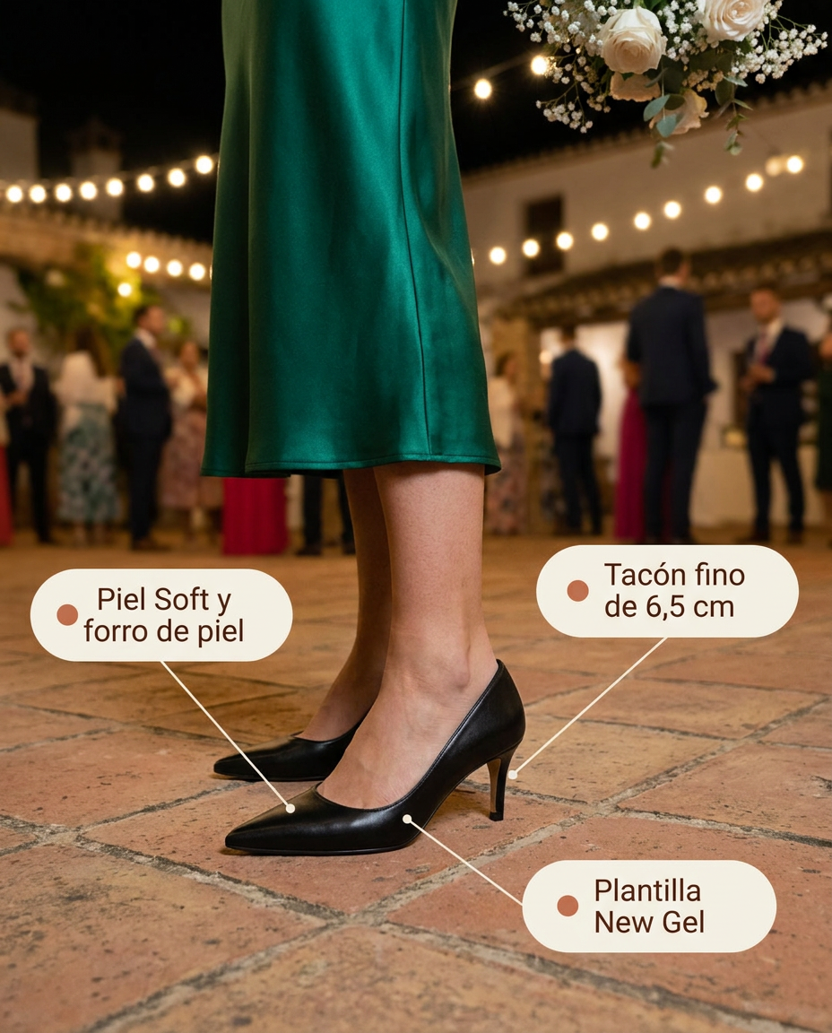 Salón Lodi Nohal Negro de piel Soft con tacón fino de 6,5 cm, en una boda