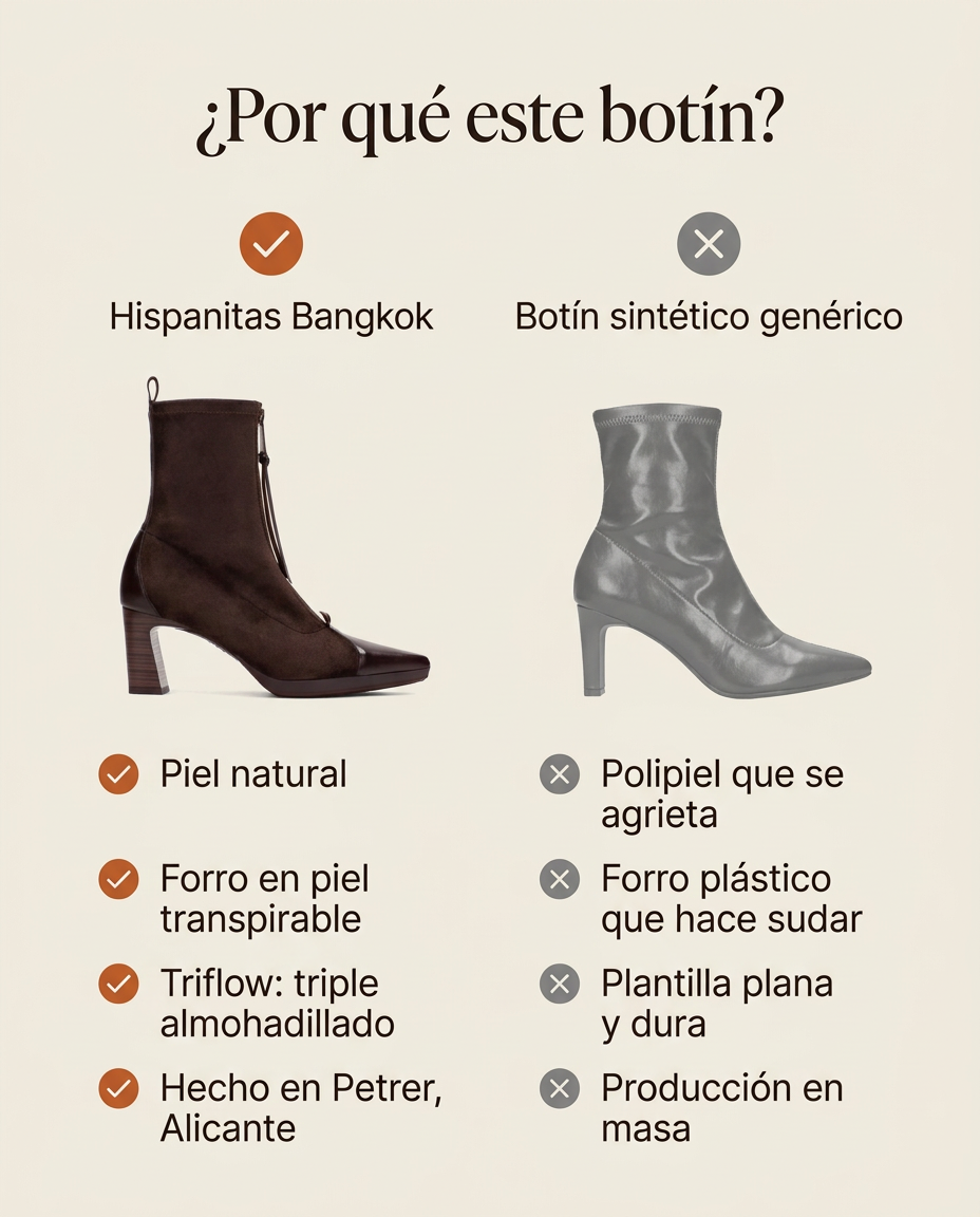 Comparativa: botín Hispanitas Bangkok de punta fina en piel frente a un botín sintético genérico