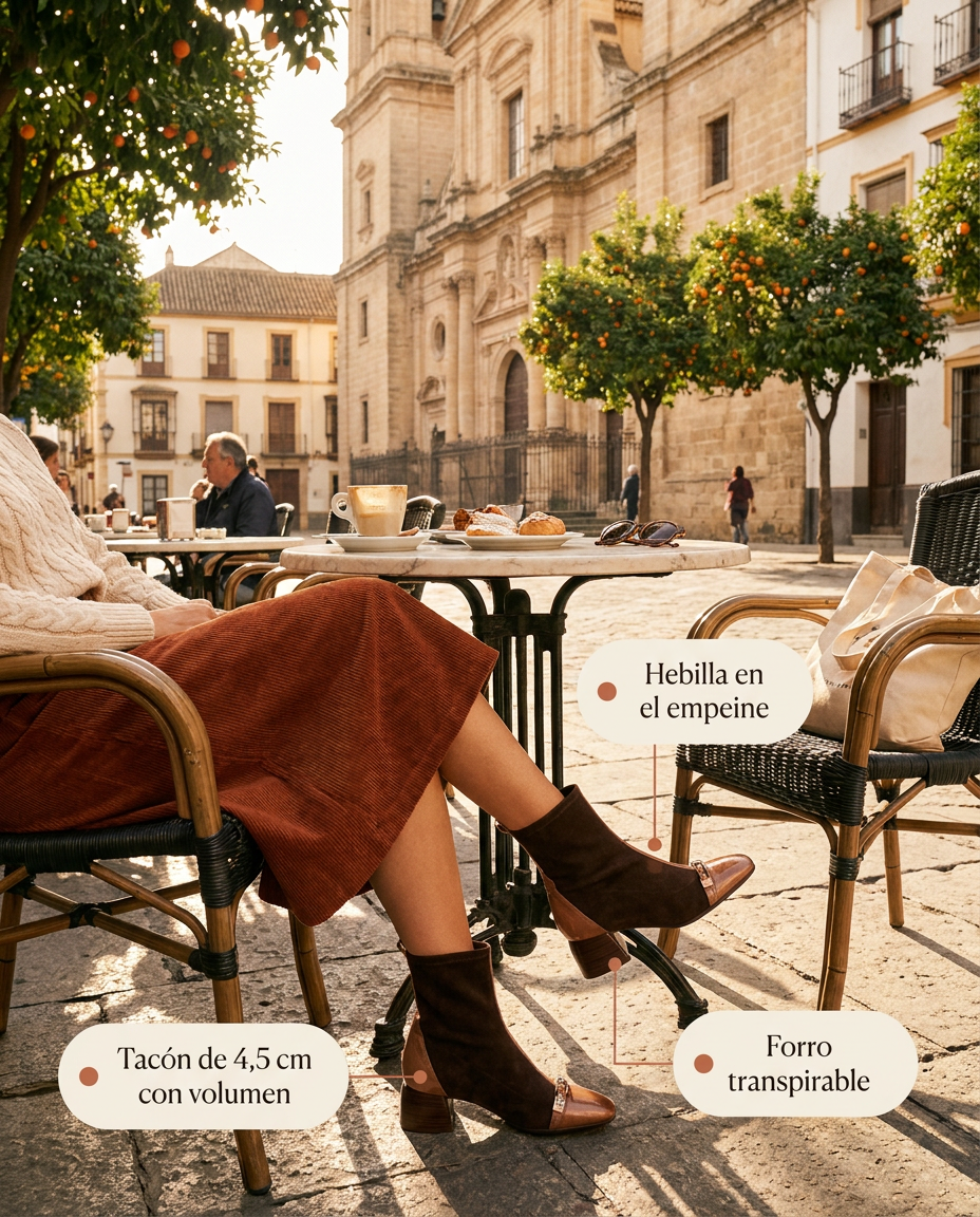 Botín Hispanitas Varsovia Chocolate Almond puesto, en una terraza de café en una plaza con naranjos una tarde de otoño