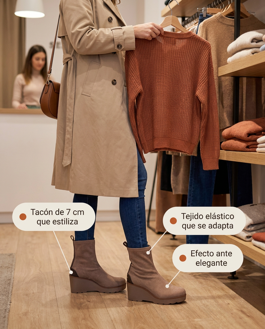 Botín de cuña Pedro Miralles Hita Marrón puesto, mirando ropa en una tienda del centro con vaquero y gabardina