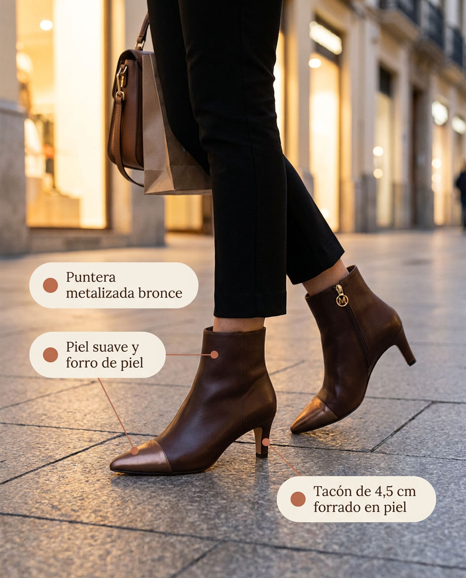 Botín Miuxa Martinna marrón con puntera metalizada y tacón de 4,5 cm, saliendo del trabajo por el centro